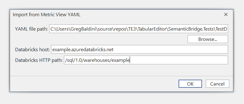 Databricks details in import dialog